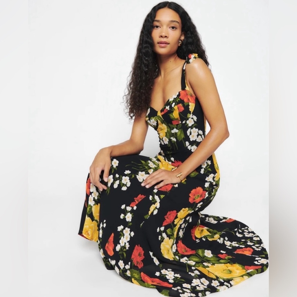 Reformation Black Floral Nadira Midi Dress
